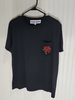 Rodeo Quincy Black Women's Tee with Red Rose Beaded Pocket